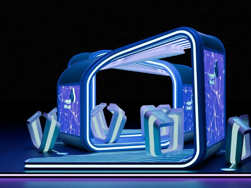 تصميم ثلاثي الأبعاد لبوابة فعالية بإطارات مضيئة باللون الأزرق